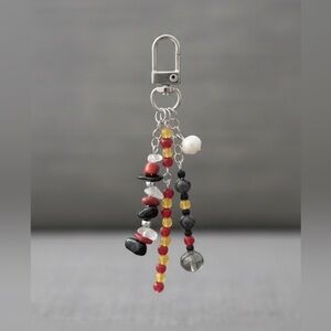 KC Chiefs Football Themed Beaded Bag Charm Keychain Silver Tones and Real Pearl